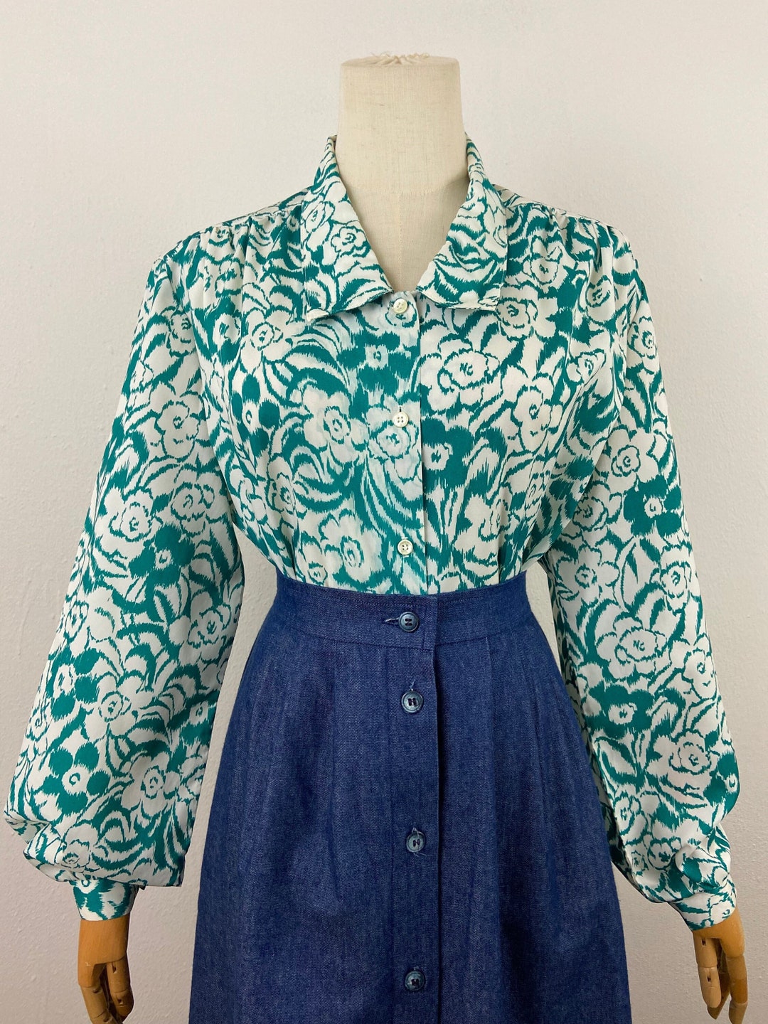 Vintage 60s 70s 'Christine' Green White Stripe Geometric Blouse Shirt S 10 12