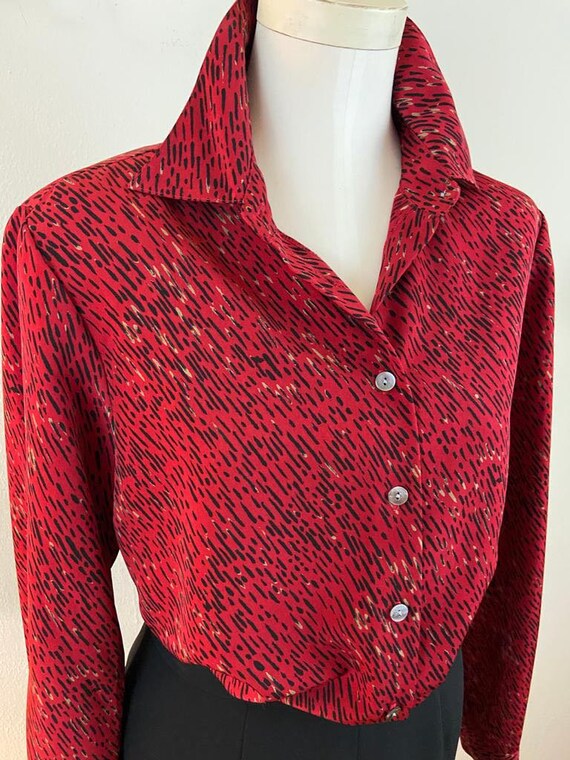 Vintage 80s Cardinal Red Blouse / Cotton Silk Ble… - image 2