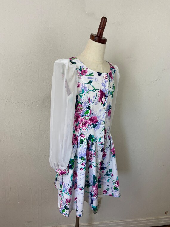 Vintage 80s Floral Print Shabby Chic White Chiffo… - image 2