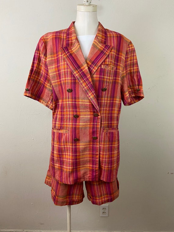 Vintage 80s Madras India Linen Orange Fucsia Plat… - image 1