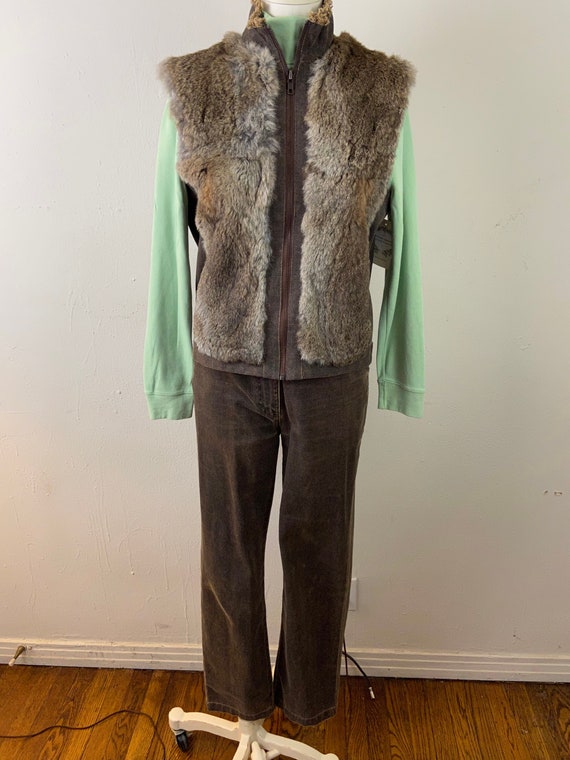 Vintage Brown Golden Denim Real Rabbit Fur Vest An