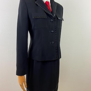 Vintage 90s Black And Plated Ribbon Trim Superbly Tailored Two-Piece Mini Skirt And Jacket Suit By Harve Benard, Size-6p.