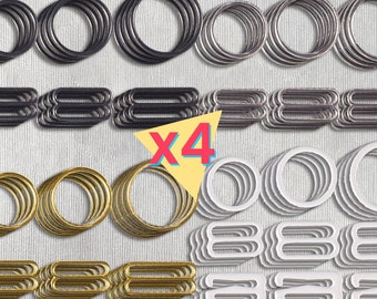 May include: Four sets of layered metal rings in black, silver, gold, and white. Each set features a variety of ring sizes and shapes, creating a unique and decorative design. The sets are arranged in rows, with the text "x4" in a yellow triangle in the center.
