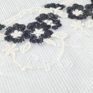 White embroidered scalloped lace trim with white and black flowers Bra making 7.6cm / 3&quot; width