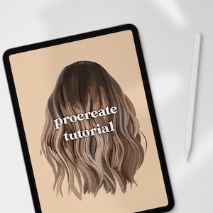 May include: A digital illustration of brown hair on a tablet screen with the text "procreate tutorial" on a beige background.