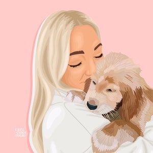May include: A woman with blonde hair is holding a light brown puppy close to her face. The woman is wearing a white sweater and the puppy is looking at the camera.
