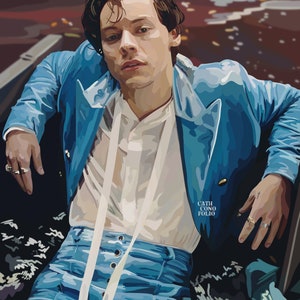 May include: A man wearing a blue jacket, white shirt, and blue jeans. The jacket has a gold button and the shirt has a white tie. The man is sitting in a boat with water in the background. The text "CATH CONO POLIO" is visible in the image.