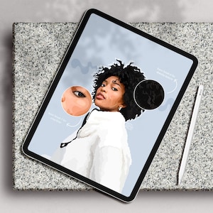 Puede incluir: Una ilustraci&oacute;n digital de una mujer con cabello negro rizado, usando un su&eacute;ter blanco. La imagen est&aacute; en la pantalla de una tableta con un l&aacute;piz blanco al lado. La imagen est&aacute; enfocada en la cara y el cabello de la mujer, con c&iacute;rculos que resaltan diferentes caracter&iacute;sticas.