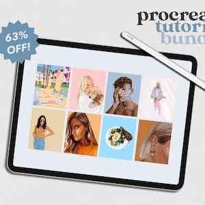 Puede incluir: Una tableta digital que muestra un paquete de tutoriales de Procreate con un descuento del 63%. El paquete incluye tutoriales sobre cómo dibujar retratos, paisajes y comida.
