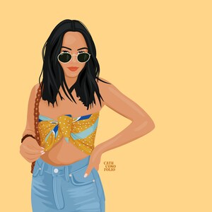 May include: A woman with long black hair wearing round sunglasses, a yellow and blue patterned scarf tied as a top, and blue jeans. The text "CATH CONO FOLIO" is visible in the lower right corner of the image.