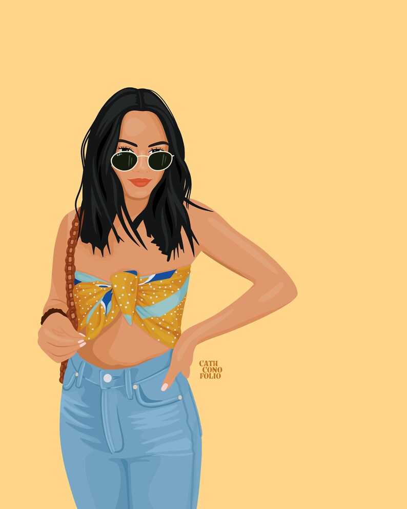 May include: A woman with long black hair wearing round sunglasses, a yellow and blue patterned scarf tied as a top, and blue jeans. The text "CATH CONO FOLIO" is visible in the lower right corner of the image.