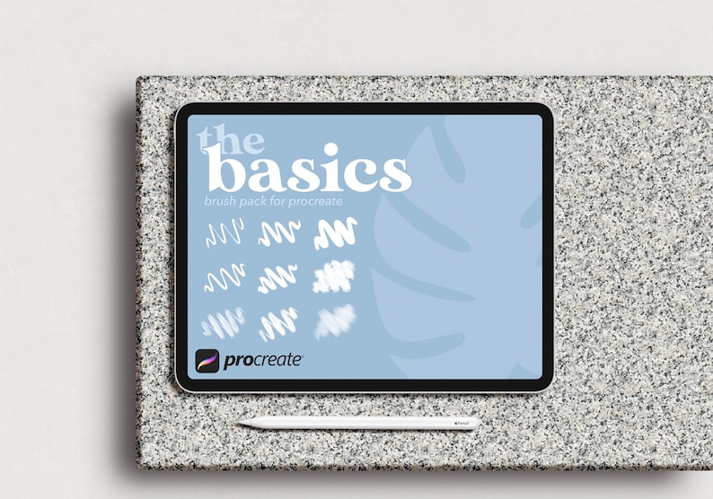 Puede incluir: Una tableta digital que muestra un fondo azul con el texto "the basics" y "brush pack for procreate" en blanco. El logotipo de Procreate es visible en la esquina inferior izquierda. La tableta est&aacute; sobre una superficie gris con un l&aacute;piz blanco.