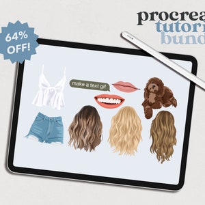 Könnte beinhalten: Eine digitale Illustration eines Procreate-Tutorial-Pakets auf einem Tablet-Bildschirm. Das Paket enthält Illustrationen von Kleidung, Haaren, Lippen, Zähnen und einem Hund. Der Text "make a text gif" ist auf dem Bildschirm sichtbar. Der Text "Procreate tutorial bundle" ist oben im Bild sichtbar.