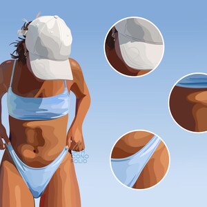 Peut inclure: Une femme portant un haut et un bas de bikini bleu clair, avec une casquette blanche sur la t&ecirc;te. Elle est debout, les bras le long du corps, et regarde ses pieds.