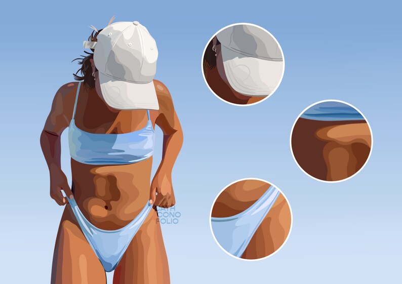 Peut inclure: Une femme portant un haut et un bas de bikini bleu clair, avec une casquette blanche sur la t&ecirc;te. Elle est debout, les bras le long du corps, et regarde ses pieds.