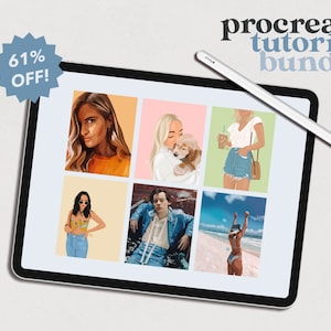 Könnte beinhalten: Ein digitales Tablet zeigt ein Procreate-Tutorial-Paket mit sechs verschiedenen Illustrationen von Personen. Der Text "procreate tutorial bundle" wird oben auf dem Bildschirm in schwarzer Schrift angezeigt. Ein weißer Stift liegt auf dem Tablet.