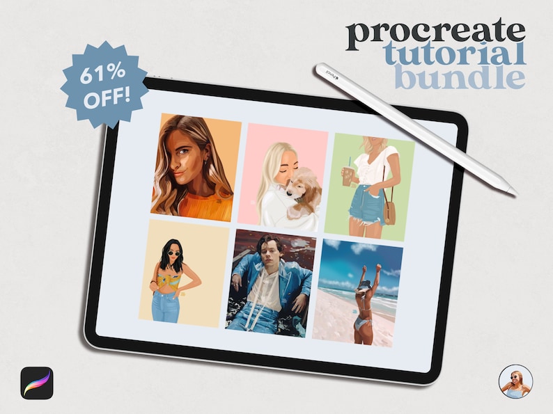 May include: A digital tablet displaying a Procreate tutorial bundle with six different illustrations of people. The text "procreate tutorial bundle" is displayed in black text at the top of the screen. A white stylus is lying on top of the tablet.