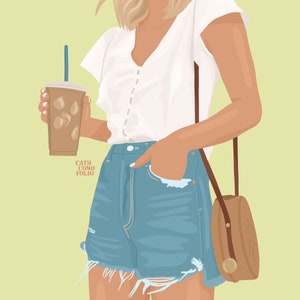 May include: A woman wearing a white button-down shirt with short sleeves and denim shorts. She is holding a cup of iced coffee and has a brown leather crossbody bag.