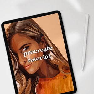 May include: A digital illustration of a woman with long brown hair, wearing a yellow and orange striped sweater. The text "procreate tutorial" is superimposed on the image.