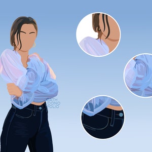 Peut inclure: Une femme portant un chemisier transparent bleu clair avec un col &agrave; volants et un jean bleu fonc&eacute;. Le chemisier a un l&eacute;ger reflet iridescent. La femme est debout, les bras crois&eacute;s.