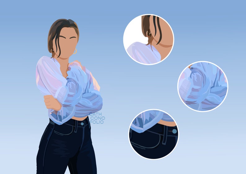 Peut inclure: Une femme portant un chemisier transparent bleu clair avec un col &agrave; volants et un jean bleu fonc&eacute;. Le chemisier a un l&eacute;ger reflet iridescent. La femme est debout, les bras crois&eacute;s.