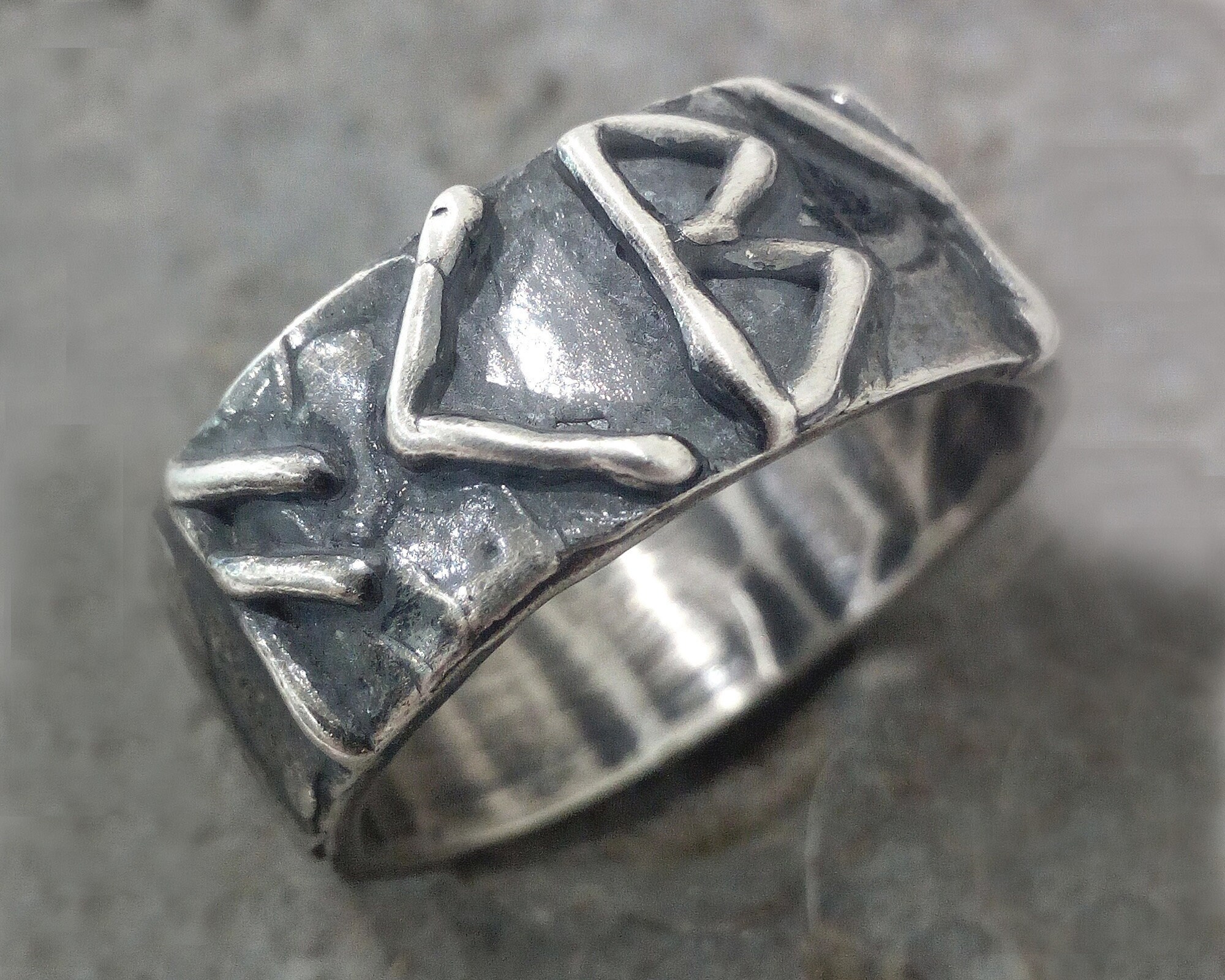 Handmade burnished silver rune ring AB33
