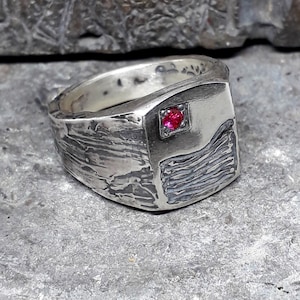 May include: A silver ring with a textured, square face. It features a small, square-set red gemstone. The band has a rough, bark-like texture. A striking piece of jewellery.
