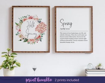 Seasonal Print Bundle, Hello Spring Print, Spring Definition Print, Watercolour Wall Art, Seasonal Poster, Set Of 2 Print, Spring Home Decor