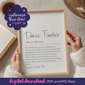 Cadeau personnalisé professeur de danse, impression définition professeur de danse, cadeau de fin d'année professeur, art mural imprimable, merci professeur de danse