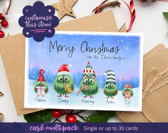 Cartolina di Natale Famiglia personalizzata, Carta mostro verde, Pacchetto di cartoline di Natale, Cartolina di Natale di famiglia, Cartoline per la famiglia, Pacchetto di carte di Natale