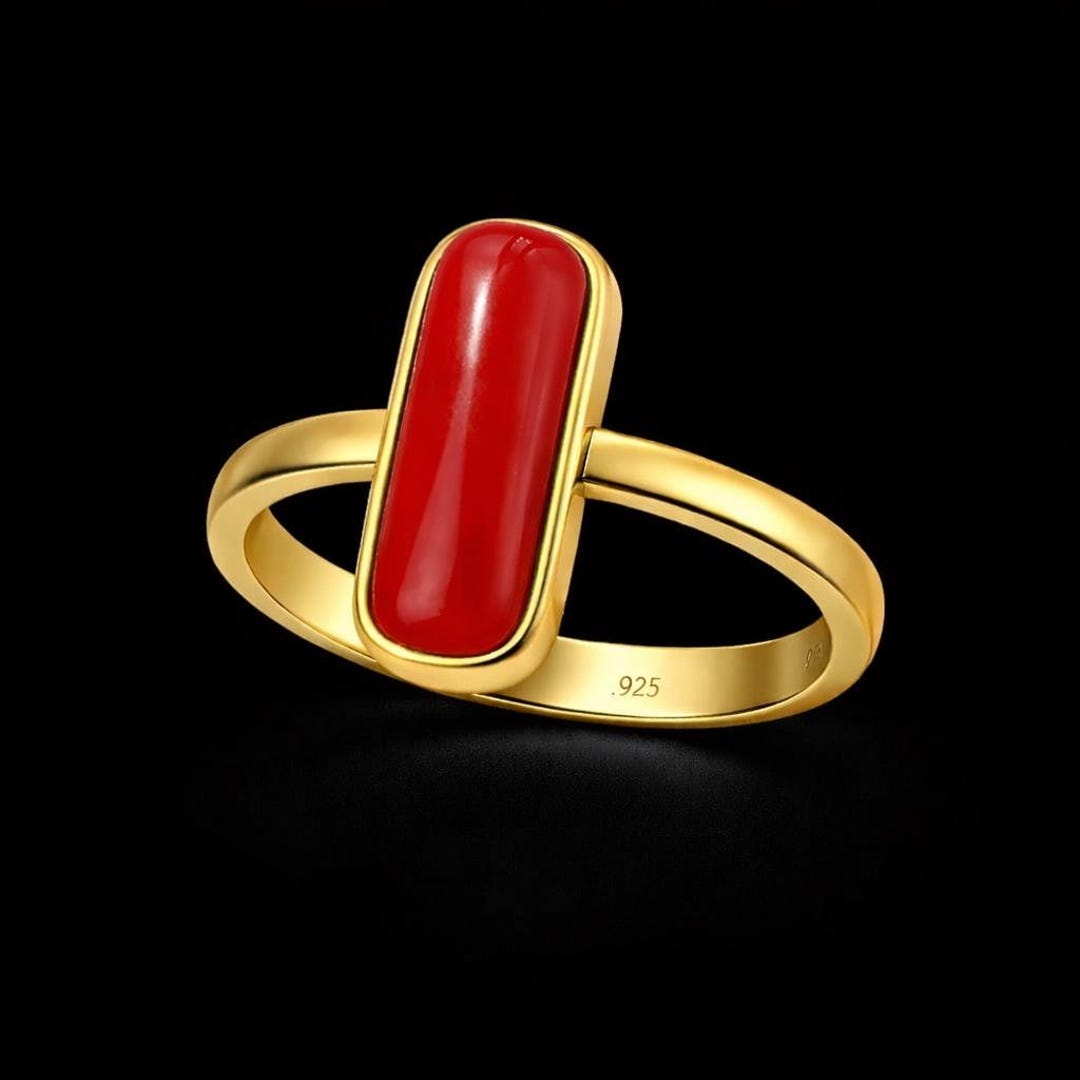Natural Red Coral Capsule Ring | 18k Gold Vermeil, Minimalist Statement ...