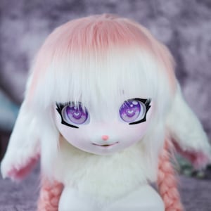 White and Pink Bunny Kig Mask,Custom Fursuit Bunny Mask for Cosplay,Furry Conventions, Halloween and Themed Events, Cute Animal Costume Mask