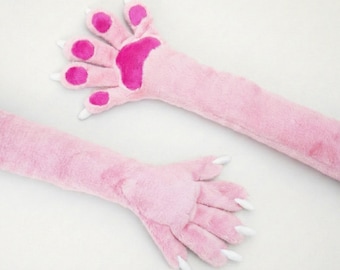Pink Cat Paws Long Arm Sleeves, Fursuit Convention Paws Long Sleeves, Pastel Pink Halloween Furry Gloves, Cosplay Prop Paws