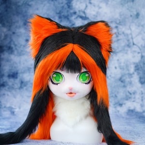 Black and Pumpkin Halloween Kitten Kigurumi Mask, Soft Plush Furry Cat Mask with Adjustable Fit, Cat mask for Cosplay, Furry Conventions