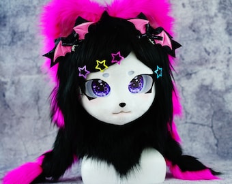 Barbie pink Furry Partial Suit, Tracking eyes,fursiut head,Relic the Halloween Head, Y2K, Handmade Cosplay Costume Mask,Kig Kemono Mask