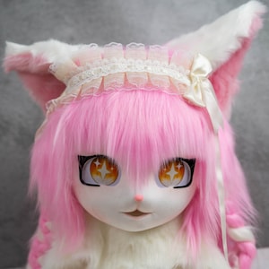 Pink Cat Mask, Mask King Cat Mask Furry Cosplay Mask Head with Blue Hair Beast Head Cosplay Animal mask Birthday gift Fursuit mask head