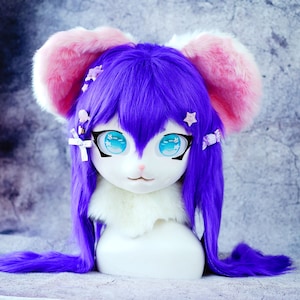 Purple white kig head,handmade bear puppy bunny Cat Mask,Furry Cosplay Mask Head,Birthday gift for furry,Fursuit mask head,Handmade Y2K mask