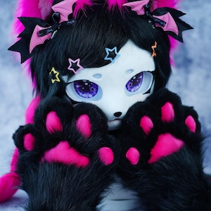 Handmade hot pink black kigurumi fursuit head mask with follow-me-eyes handpaws set furry art Theme party Birthday gift for kids and adult