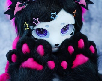 Handmade hot pink black kigurumi fursuit head mask with follow-me-eyes handpaws set furry art Theme party Birthday gift for kids and adult
