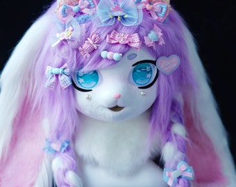 Candy Lavender Bunny Kigurumi Fursuit Furry Head kig Style,White bunny rabbit play, Furry Cosplay accessory Animal mask Birthday gift
