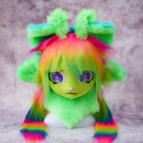 Alien Neno Cat Fursuit Partial Set | Lime Green Cat Fursuit Mask | Cyberpunk Space Cat | Breathable Anime Furry Headgear Prop