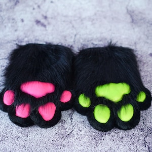 Black Paw 4-Finger Handschuh Fursuit Pfoten flauschig flauschig flauschig flauschig flauschig flauschig flauschig warmer Ohrenwärmer für Cosplay Kostüme