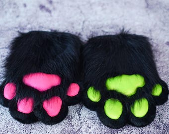 Black Paw 4-finger Gloves Fursuit paws  furry gloves-puppy kitty animal Furry Convention Cosplay paws with Squeak for teenagers daughter
