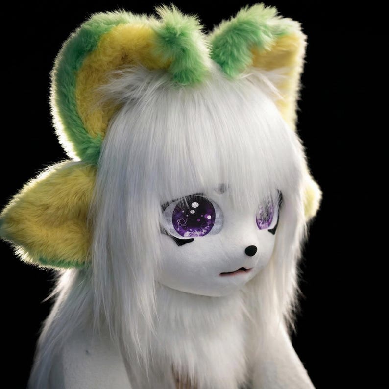 Alien Cat Fursuit Mask White Lime | Anime Kigurumi Faux Fur Head ...