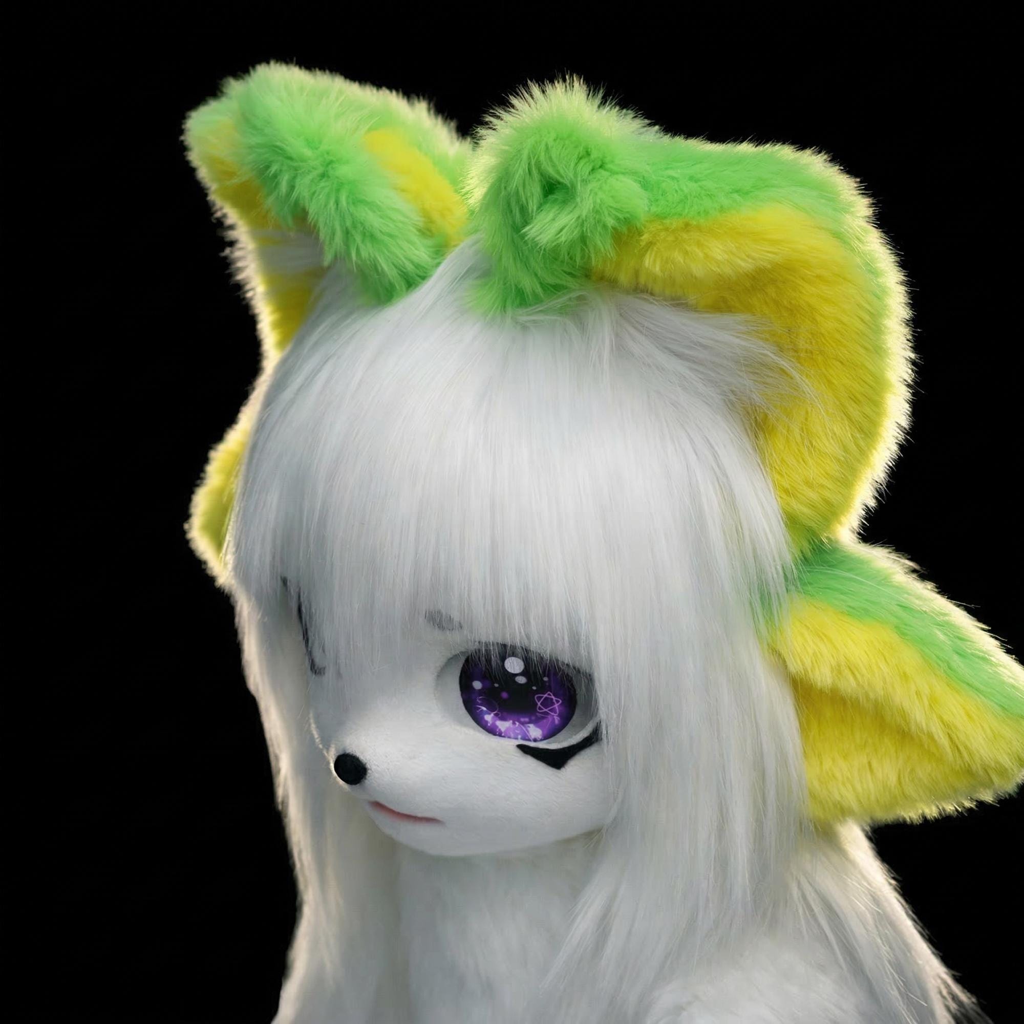 Alien Cat Fursuit Mask White Lime | Anime Kigurumi Faux Fur Head ...