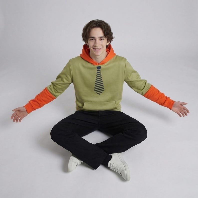 Pu&ograve; includere: Una felpa con cappuccio verde con cappuccio e maniche arancioni, con un design a cravatta nera. La persona indossa pantaloni neri e scarpe da ginnastica bianche. La felpa ha una tasca frontale.