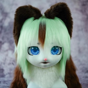 Maschera integrale Kigurumi verde e marrone / Testa di pelliccia per costume da pelliccia per eventi a tema Halloween e Natale / Accessorio per costume da cosplay per convention di pellicce