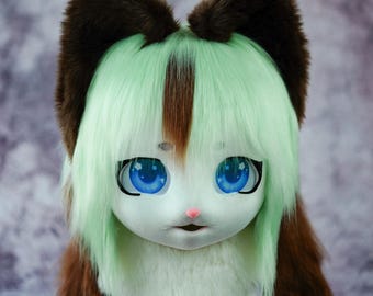 Green&Brown Kigurumi Full-Cover Mask | Furry Fursuit Head Halloween Christmas Themed Event | Cosplay Costume Accessory Furry Convention