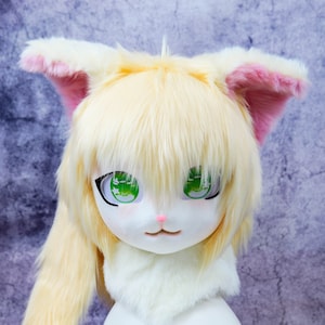 Fursuit Premade, Furry Costume，kig Cat Mask yellow hair furry mask Beast head cosplay Animal mask Birthday gift， Furry Gift.