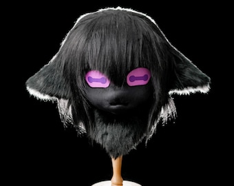 Goat Fursuit Head Demon Anime Mask Prop | Black Faux Fur Purple Slit Eyes | Breathable Rig